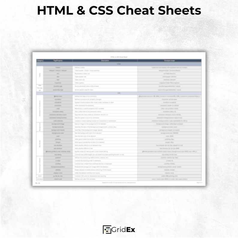 Printable HTML & CSS Cheat Sheet – 6-page quick-reference guide with 180+ HTML tags, CSS properties, ARIA attributes, layout techniques, and responsive design tips. Organized by category including forms, media, tables, Flexbox, Grid, and more. Ideal for web developers, students, and coding beginners. Includes formats: PDF, PNG, JPG, and Excel XLSX.
