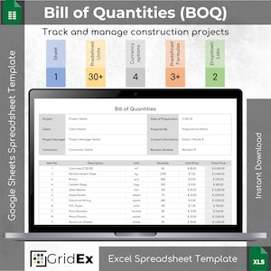 Peut inclure: Un écran d'ordinateur portable affichant un modèle de feuille de calcul de Décompte Quantitatif (DQ) pour le suivi et la gestion de projets de construction. La feuille de calcul comprend des colonnes pour le numéro d'article, la description, l'unité, la quantité, le prix unitaire et le prix total. Le modèle est conçu pour aider les utilisateurs à calculer le coût total d'un projet de construction.