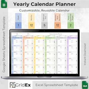 Yearly Calendar Planner Spreadsheet: Excel & Google Sheets (Digital Download)