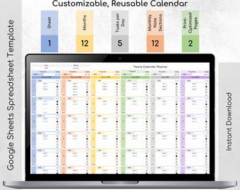 Yearly Calendar Planner Spreadsheet: Excel & Google Sheets (Digital Download)