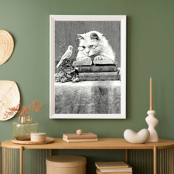 Cat Reading Poster Nerdy Books and Bird Art Print Cat Wearing Glasses Wall Art Victorian Sketch Printable Funny Cat Print Bookish Home Decor