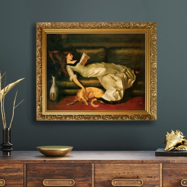 Woman Reading Painting Vintage Coquette Room Decor Woman on Couch Moody Victorian Art Bookish Wall Art Clean Girl Aesthetic Dog Art Digital