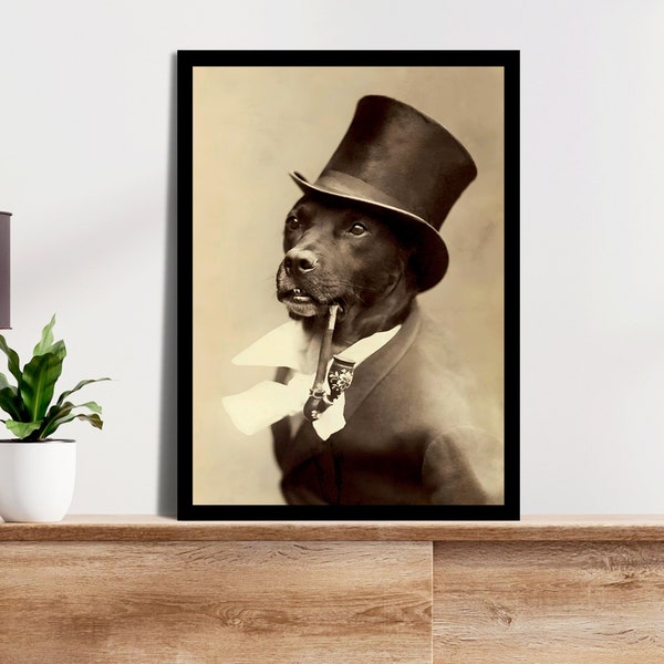 Vintage Dog Portrait Wall Art Printable Dog Dressed in Smoking Jacket Pipe Funny Black and White Photo Victorian Era Art Mens Apartment Art