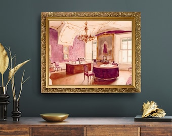 Pink Victorian Watercolor Painting Printable Vintage Cottagecore Art Print French Salon Poster Grandmillenial Print Girly Home Scene Print