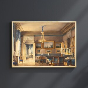 A painting by French artist Hilaire Thierry of the lavish elegance of 1820s France with this ornate interior scene painting of a French salon, bathed in blue and gold hues. A golden chandelier, portraits, piano and blue drapery details. JPG DIGITAL DOWNLOAD, PRINTABLE WALL ART, digital print, instant download, downloadable poster