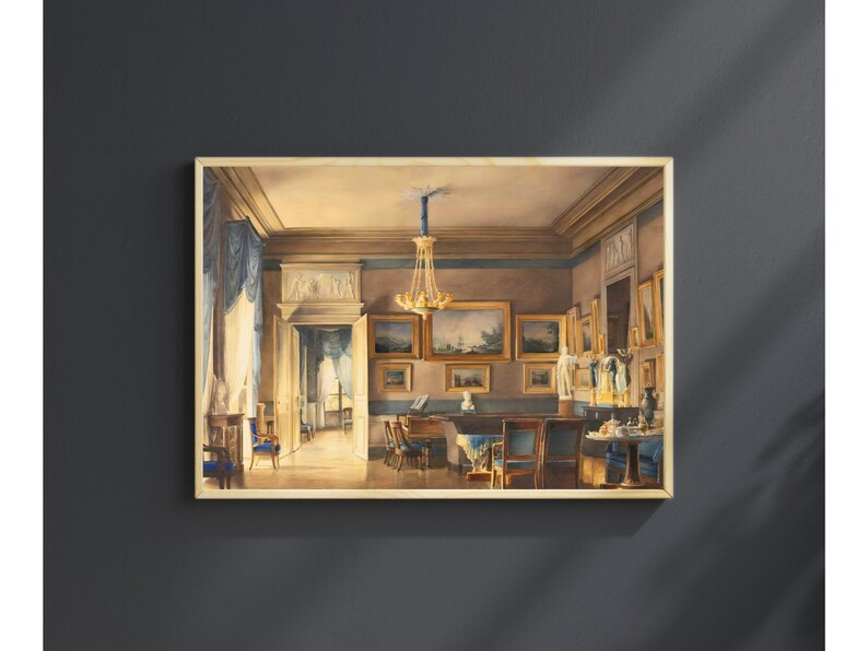 A painting by French artist Hilaire Thierry of the lavish elegance of 1820s France with this ornate interior scene painting of a French salon, bathed in blue and gold hues. A golden chandelier, portraits, piano and blue drapery details. JPG DIGITAL DOWNLOAD, PRINTABLE WALL ART, digital print, instant download, downloadable poster