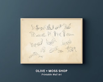 Vintage Dog Digital Print, European Sketch Art, Whimsical Nursery Wall Art, Minimalist Animal Illustration, Dog Poses Study Printable Art
