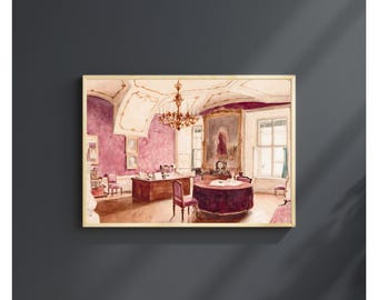 Victorian House Digital Print, Pink Watercolor Painting, Vintage Chandelier Print, Light Academia Wall Art, Coquette Room Decor, Printable