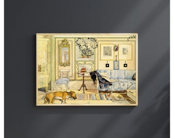 Carl Larsson Cozy Corner Print, Vintage Watercolor Painting, Sleeping Dog Wall Art, Swedish Folk Art, Nordic Art Printable, Digital Download