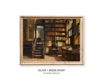 Vintage Library Digital Print, Dark Academia Wall Art, Still Life of Books Painting, Victorian Home Art, Moody Interior Scene Printable Art