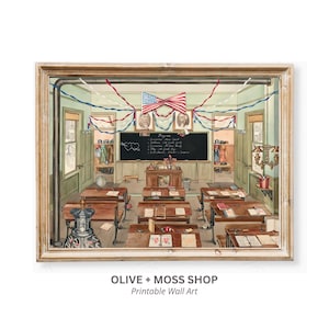 Vintage Classroom Print, Rural Schoolhouse Illustration, Light Academia Wall Art, Nostalgic Cottagecore Decor, Digital Download, Printable