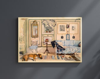 Stampa di Carl Larsson: dipinto &quot;Cozy Corner&quot;, stanza vittoriana con cane, arte popolare svedese, arredamento per la stanza in stile cottagecore neutro (download digitale)