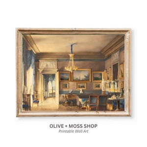 A painting by French artist Hilaire Thierry of the lavish elegance of 1820s France with this ornate interior scene painting of a French salon, bathed in blue and gold hues. A golden chandelier, portraits, piano and blue drapery details. JPG DIGITAL DOWNLOAD, PRINTABLE WALL ART, digital print, instant download, downloadable poster