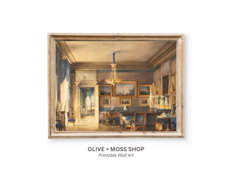 A painting by French artist Hilaire Thierry of the lavish elegance of 1820s France with this ornate interior scene painting of a French salon, bathed in blue and gold hues. A golden chandelier, portraits, piano and blue drapery details. JPG DIGITAL DOWNLOAD, PRINTABLE WALL ART, digital print, instant download, downloadable poster