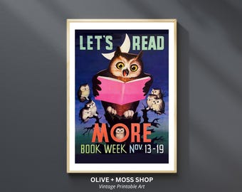 National Library Week Digital Poster, Retro Reading Print, Cute Owl Art, Colorful Literacy Wall Art, Fun Kids Book Nook Decor, Printable Art