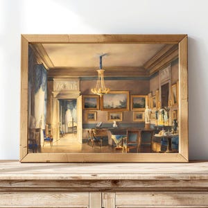 A painting by French artist Hilaire Thierry of the lavish elegance of 1820s France with this ornate interior scene painting of a French salon, bathed in blue and gold hues. A golden chandelier, portraits, piano and blue drapery details. JPG DIGITAL DOWNLOAD, PRINTABLE WALL ART, digital print, instant download, downloadable poster