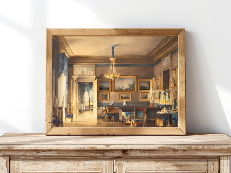 A painting by French artist Hilaire Thierry of the lavish elegance of 1820s France with this ornate interior scene painting of a French salon, bathed in blue and gold hues. A golden chandelier, portraits, piano and blue drapery details. JPG DIGITAL DOWNLOAD, PRINTABLE WALL ART, digital print, instant download, downloadable poster