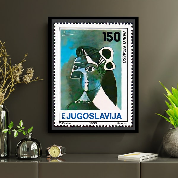 Picasso Poster Printable Vintage Stamp Art Print Cool Room Decor Maximalist Wall Art Pablo Picasso Woman Portrait Art, Stamp Collector Gifts