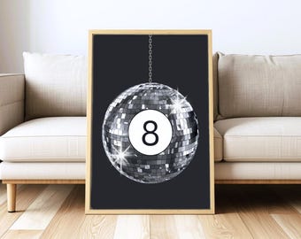 8 Ball Digital Print, Sparkly Disco Ball Poster, Cool Girl Wall Art, Trendy College Apartment Decor, Black and Silver Aesthetic, Printable