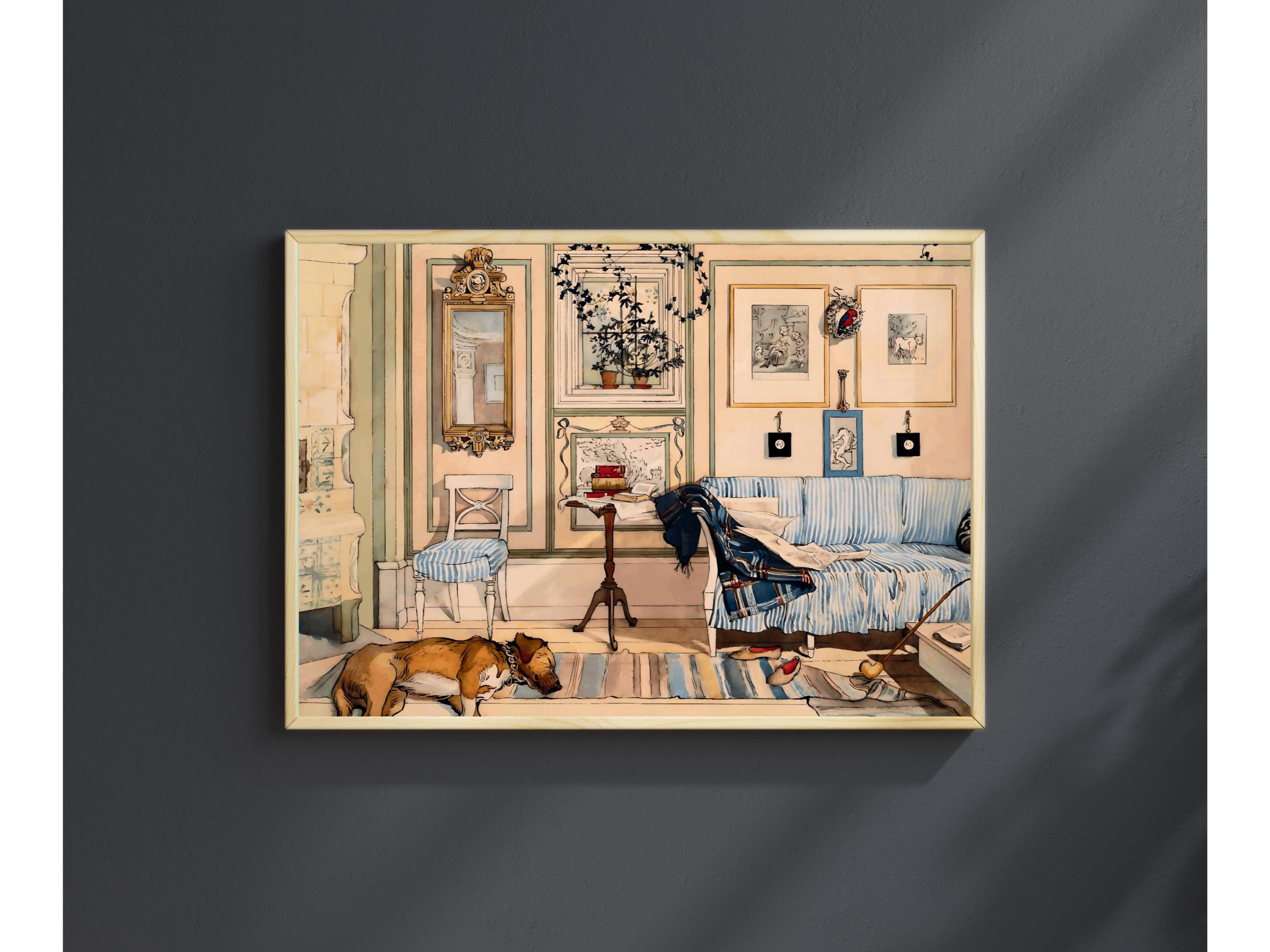 Carl Larsson 陶板　ヴィンテージ Carl Larsson Digital Print Cozy Corner, Vintage Sleeping Dog