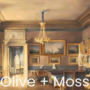 A painting by French artist Hilaire Thierry of the lavish elegance of 1820s France with this ornate interior scene painting of a French salon, bathed in blue and gold hues. A golden chandelier, portraits, piano and blue drapery details. JPG DIGITAL DOWNLOAD, PRINTABLE WALL ART, digital print, instant download, downloadable poster