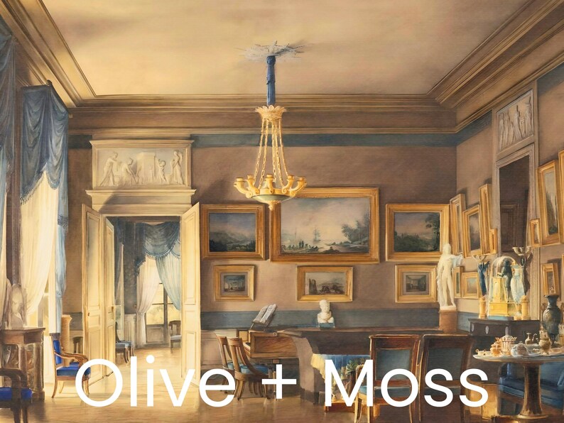 A painting by French artist Hilaire Thierry of the lavish elegance of 1820s France with this ornate interior scene painting of a French salon, bathed in blue and gold hues. A golden chandelier, portraits, piano and blue drapery details. JPG DIGITAL DOWNLOAD, PRINTABLE WALL ART, digital print, instant download, downloadable poster