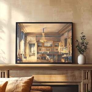 A painting by French artist Hilaire Thierry of the lavish elegance of 1820s France with this ornate interior scene painting of a French salon, bathed in blue and gold hues. A golden chandelier, portraits, piano and blue drapery details. JPG DIGITAL DOWNLOAD, PRINTABLE WALL ART, digital print, instant download, downloadable poster