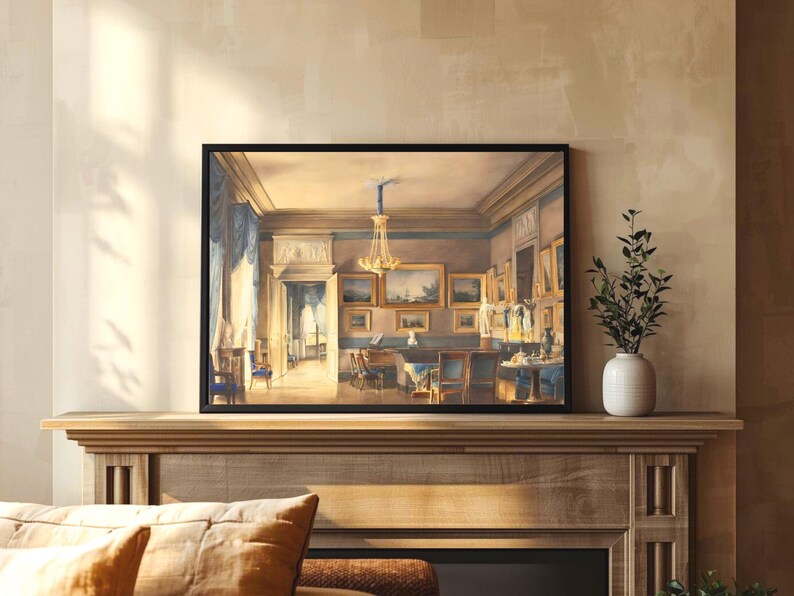 A painting by French artist Hilaire Thierry of the lavish elegance of 1820s France with this ornate interior scene painting of a French salon, bathed in blue and gold hues. A golden chandelier, portraits, piano and blue drapery details. JPG DIGITAL DOWNLOAD, PRINTABLE WALL ART, digital print, instant download, downloadable poster