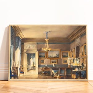 A painting by French artist Hilaire Thierry of the lavish elegance of 1820s France with this ornate interior scene painting of a French salon, bathed in blue and gold hues. A golden chandelier, portraits, piano and blue drapery details. JPG DIGITAL DOWNLOAD, PRINTABLE WALL ART, digital print, instant download, downloadable poster