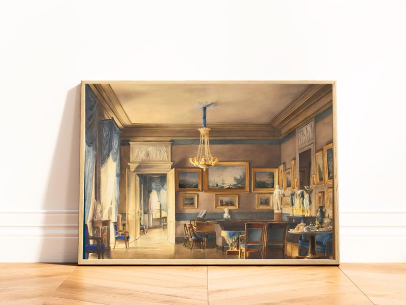 A painting by French artist Hilaire Thierry of the lavish elegance of 1820s France with this ornate interior scene painting of a French salon, bathed in blue and gold hues. A golden chandelier, portraits, piano and blue drapery details. JPG DIGITAL DOWNLOAD, PRINTABLE WALL ART, digital print, instant download, downloadable poster