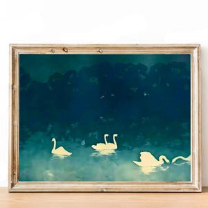 Impresión vintage de cisne, impresión de guardería melancólica, pintura de escena de estanque victoriano, arte de naturaleza serena, póster de pájaro antiguo, descarga digital en verde azulado y azul marino