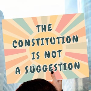 Könnte beinhalten: Ein rechteckiges Schild mit dem Text "THE CONSTITUTION IS NOT A SUGGESTION" in dunkelgrünen Buchstaben. Das Schild hat ein Retro-Design mit einem gelben Sonnenstrahl-Hintergrund und Pastellstreifen. Der Text ist deutlich lesbar.