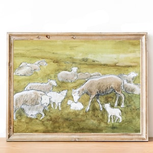 Vintage Sheep Print Victorian Pasture Painting Cottagecore Watercolor Wall Art Lamb Nursery Art Antique Scandinavian Art Digital Download