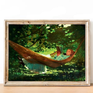 Victorian Girl in Hammock Reading Printable Art, Vintage Portrait Painting Print, Bookish Wall Art, Girly Apartment Decor, Digital Download