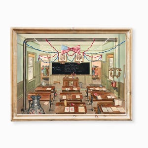 Vintage Classroom Print Rural Schoolhouse Drawing Printable Colonial Wall Art Victorian Cottagecore School Art Print JPG Digital Download