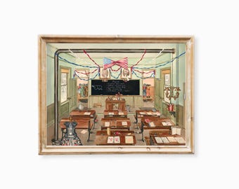 Stampa d&#39;epoca di una scuola: illustrazione di un&#39;aula rurale, arte coloniale in stile scolastico, arredamento rustico in stile cottage (download digitale)