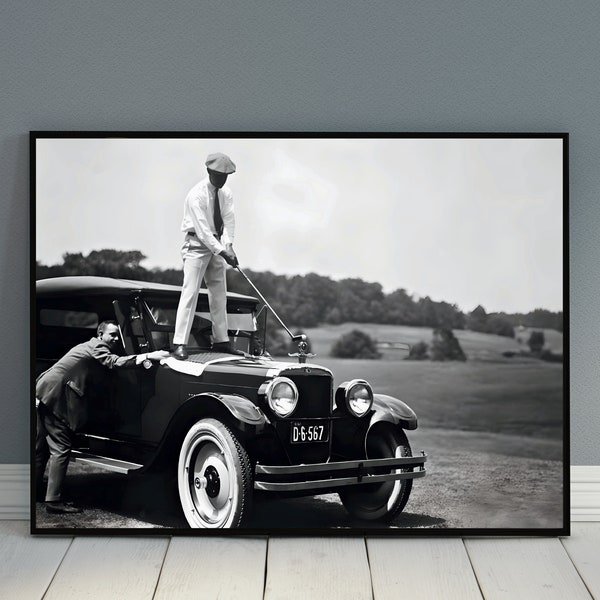 Golf Print Vintage Golf Poster Funny Printable Black and White Photo Classic Car Print Masculine Wall Art Mens Apartment Decor Print For Dad