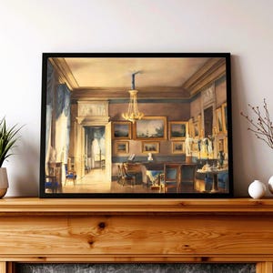 A painting by French artist Hilaire Thierry of the lavish elegance of 1820s France with this ornate interior scene painting of a French salon, bathed in blue and gold hues. A golden chandelier, portraits, piano and blue drapery details. JPG DIGITAL DOWNLOAD, PRINTABLE WALL ART, digital print, instant download, downloadable poster