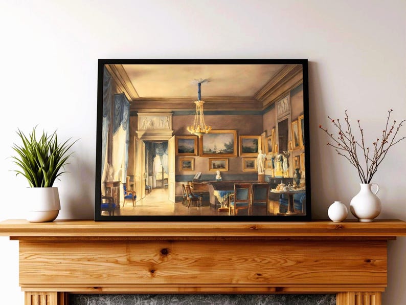 A painting by French artist Hilaire Thierry of the lavish elegance of 1820s France with this ornate interior scene painting of a French salon, bathed in blue and gold hues. A golden chandelier, portraits, piano and blue drapery details. JPG DIGITAL DOWNLOAD, PRINTABLE WALL ART, digital print, instant download, downloadable poster