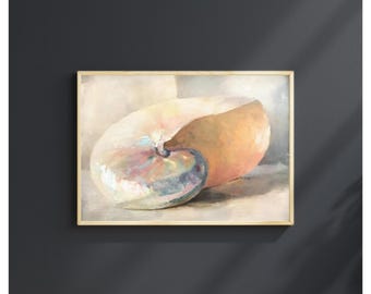 Vintage Seashell Wall Art, Pastel Coastal Art, Minimalist Oil Painting, Shell Still Life Print, Beachy Art, Digital Download, Printable