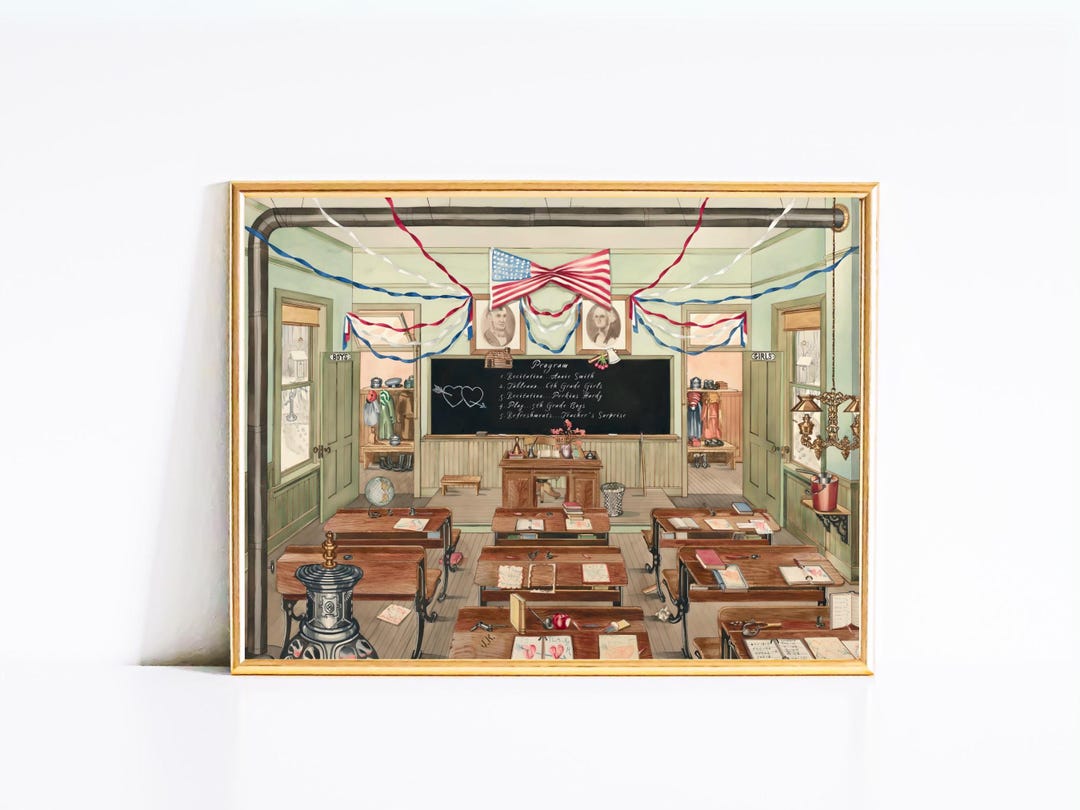 Vintage Classroom Poster Victorian School House Print Colonial Folk Art ...