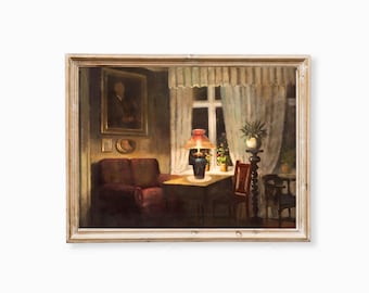 Stampa di interni di una casa vittoriana malinconica: dipinto di natura morta vintage, arte murale in stile cottagecore tedesco, accogliente arredamento per il soggiorno (download digitale)