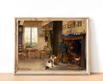 Stampa vittoriana di uomo e cane: pittura d&#39;interni di cottage d&#39;epoca, arte del camino accogliente, arredamento per la stanza in stile fattoria francese (download digitale)