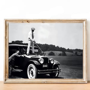 Impresión de golf vintage, fotografía de golf en blanco y negro, arte de pared masculino, impresión de coche clásico, póster deportivo retro, arte de pared de cueva de hombre, descarga digital
