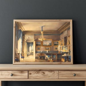 A painting by French artist Hilaire Thierry of the lavish elegance of 1820s France with this ornate interior scene painting of a French salon, bathed in blue and gold hues. A golden chandelier, portraits, piano and blue drapery details. JPG DIGITAL DOWNLOAD, PRINTABLE WALL ART, digital print, instant download, downloadable poster