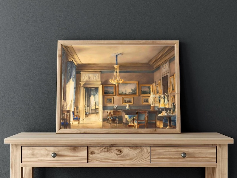 A painting by French artist Hilaire Thierry of the lavish elegance of 1820s France with this ornate interior scene painting of a French salon, bathed in blue and gold hues. A golden chandelier, portraits, piano and blue drapery details. JPG DIGITAL DOWNLOAD, PRINTABLE WALL ART, digital print, instant download, downloadable poster