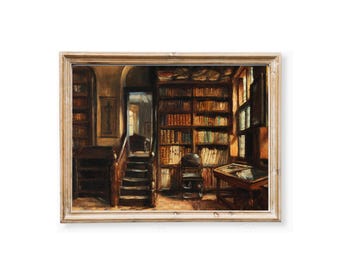Stampa Moody Library: scena d&#39;interni di una casa vittoriana, dipinto vintage Dark Academia, arredamento per camera in stile cottage inglese (download digitale)