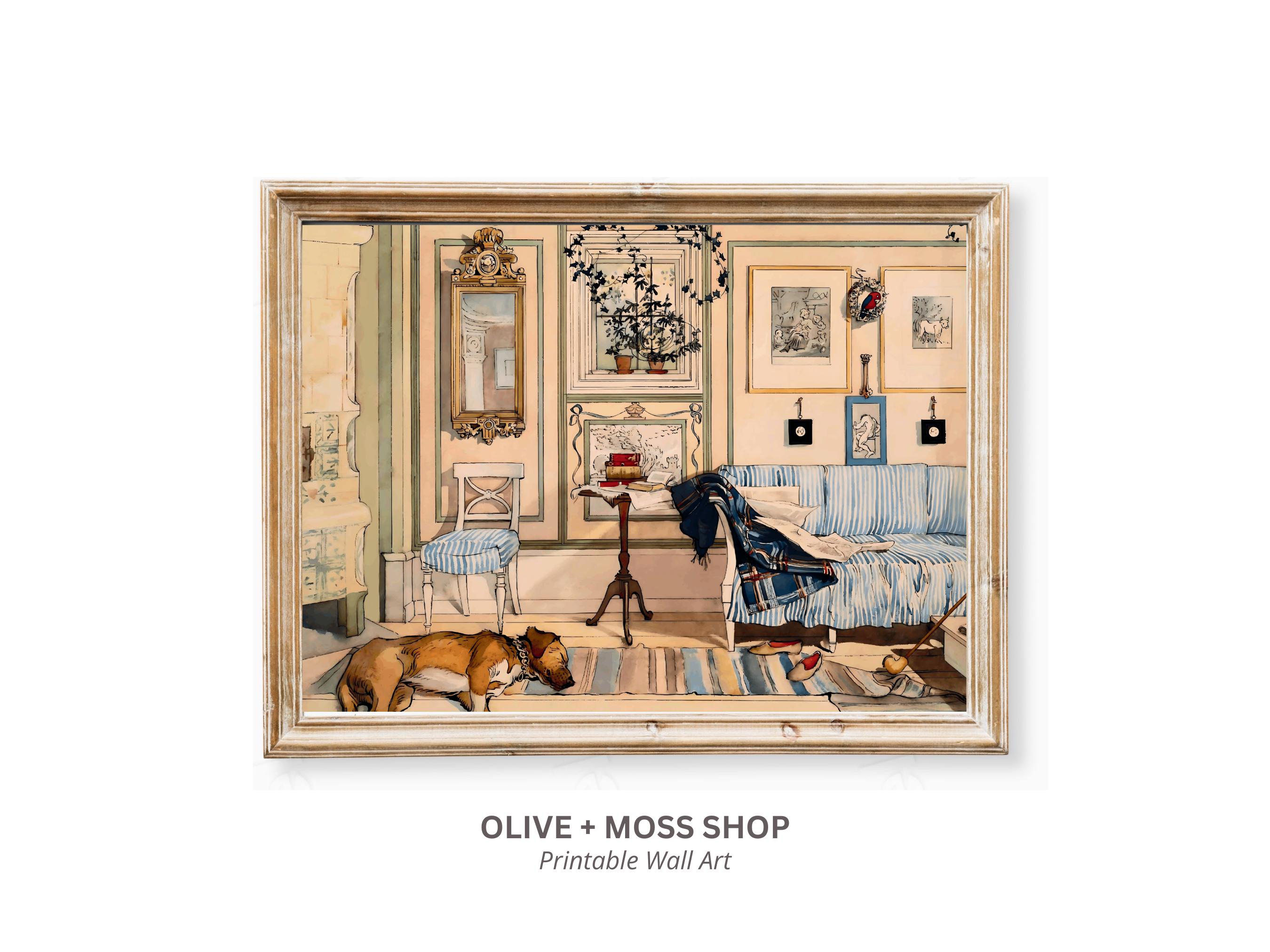 Carl Larsson 陶板　ヴィンテージ Carl Larsson Digital Print Cozy Corner, Vintage Sleeping Dog