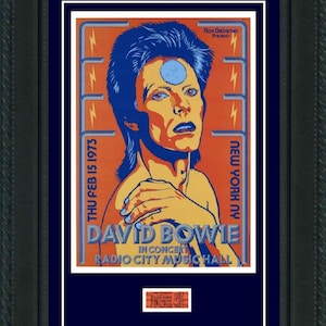 David Bowie 1973 New York City Konzertplakat + Karte. Fertig zum Einrahmen! Musikgeschichte im Zickzack