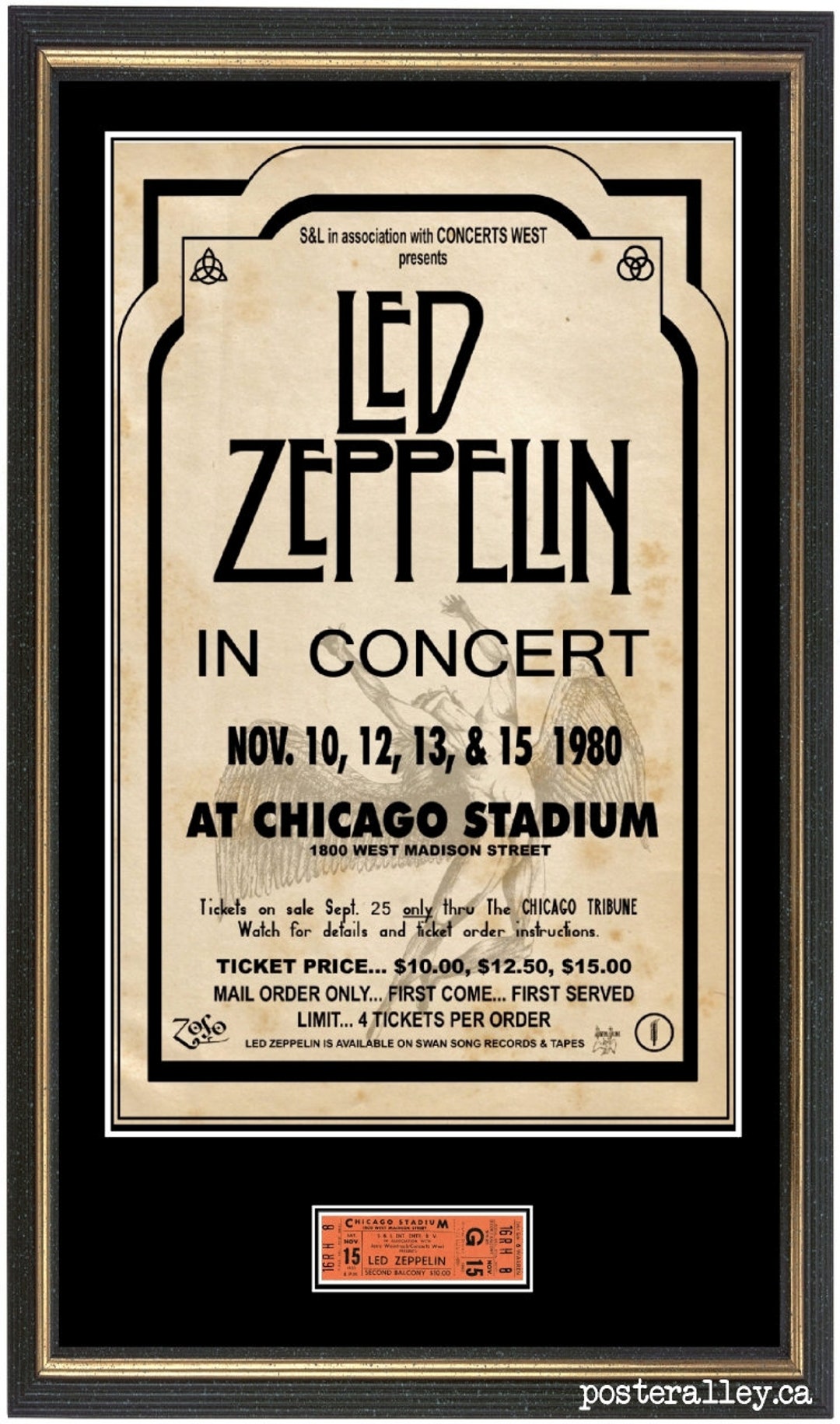 レッド•ツェッペリン 1980年コンサートチケット額装 Led Zeppelin Original Framed 1980 Last Concert Chicago